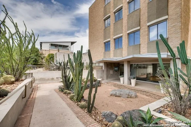 a view of a building with potted plants