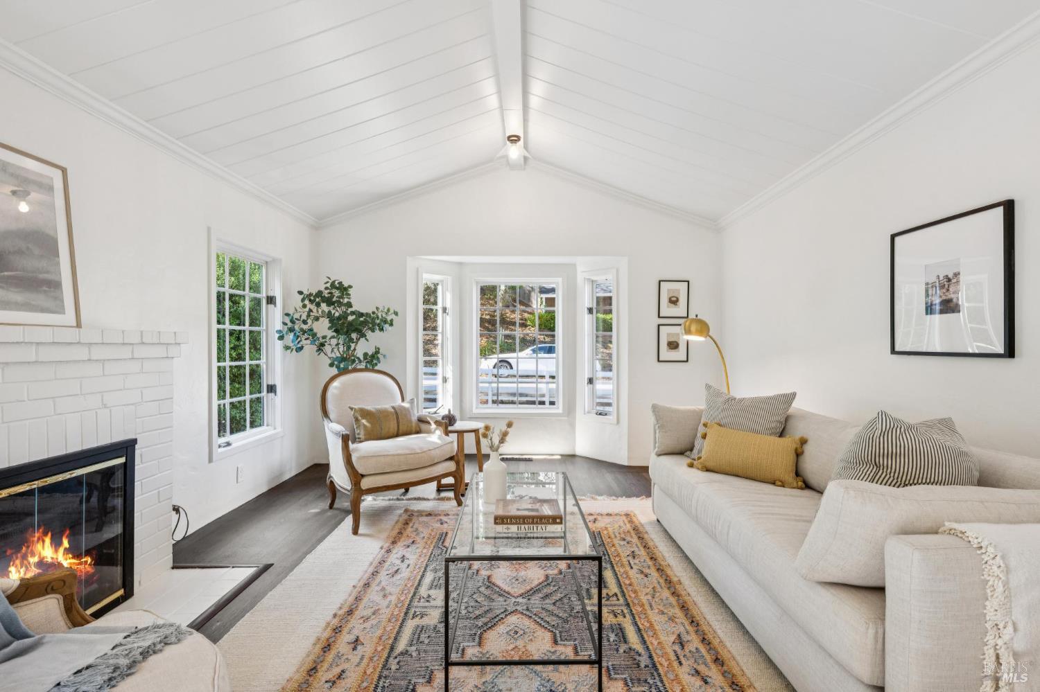 a living room with furniture a flat screen tv and a fireplace