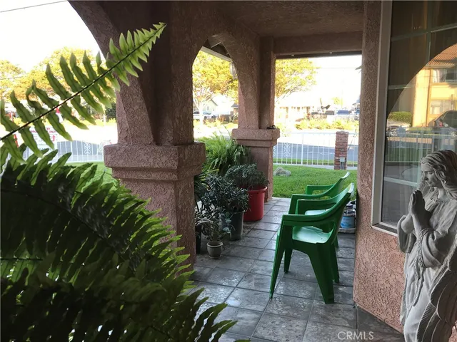 a garden view with a seating space