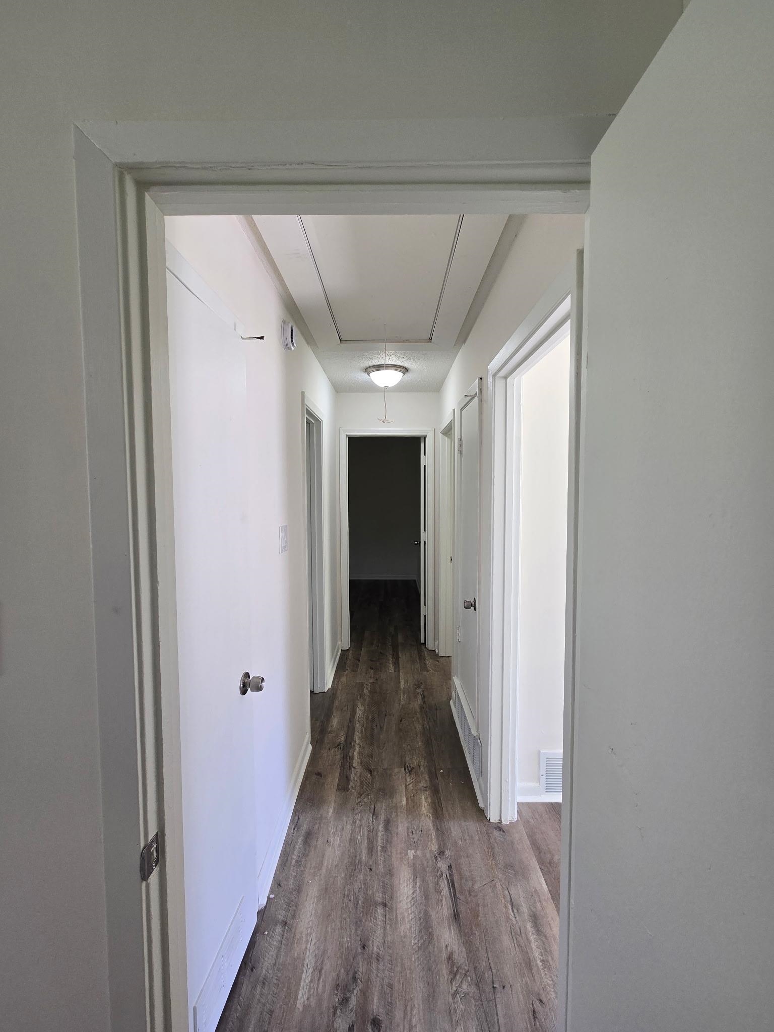 2889 Randy Cove Memphis, TN 38118 - Photo 14 of 18 Long hallway featuring wood-finish flooring, white walls, and multiple white doors with round hardware