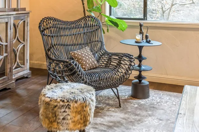 a view of a balcony with chairs