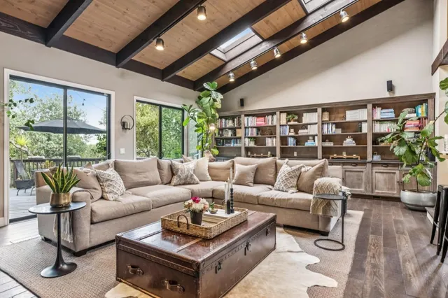 a living room with furniture potted plant and a large window