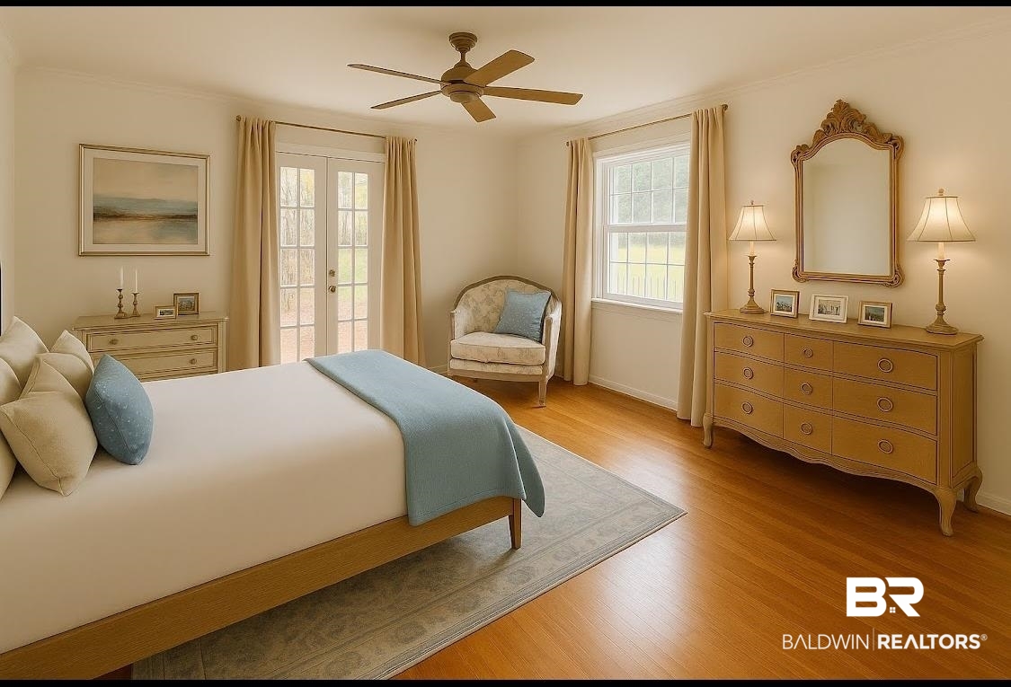 159 Conway Drive West Mobile, AL 36608 - Photo 11 of 24 Bedroom featuring light wood-style floors, ceiling fan, access to outside, crown molding, and french doors