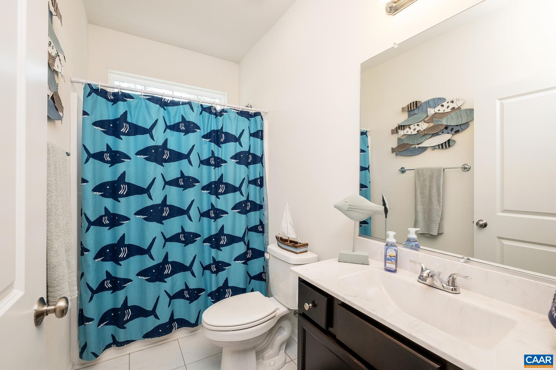 283 Logtrac Road Stanardsville, VA 22973 - Photo 20 of 49 a bathroom with a sink a toilet a mirror and shower curtain