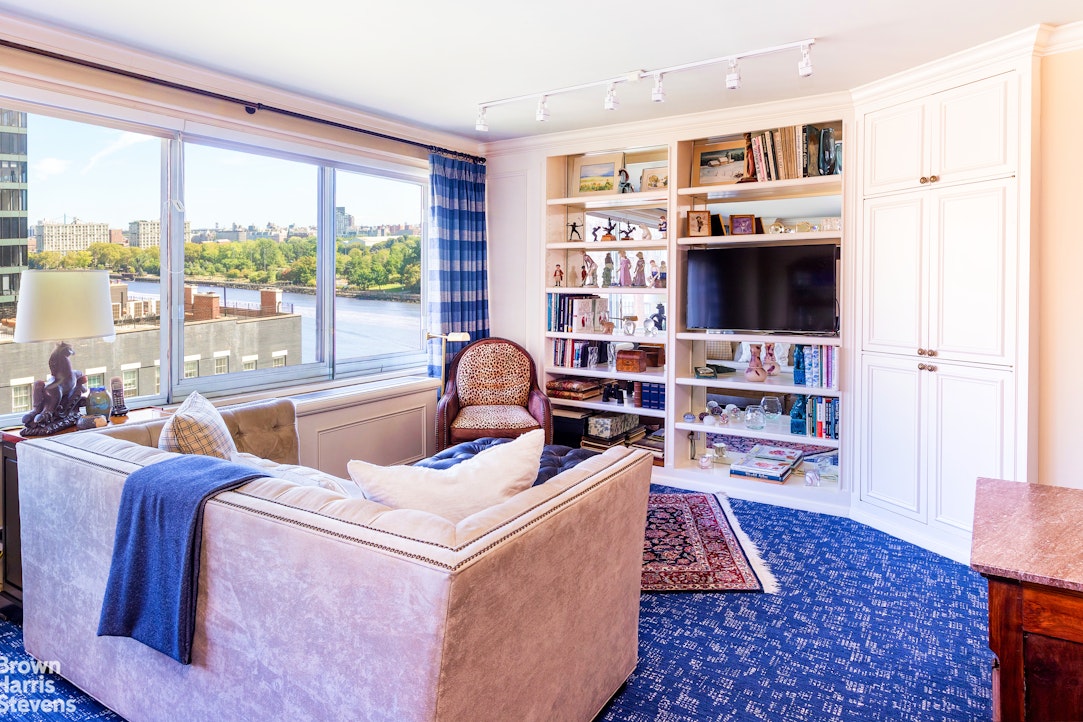 530 East 72nd Street, Unit 9B Manhattan, NY 10021 - Photo 3 of 18 a living room with furniture a flat screen tv and a rug