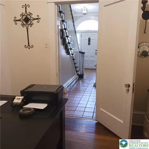 a view of a yard with plants and trees