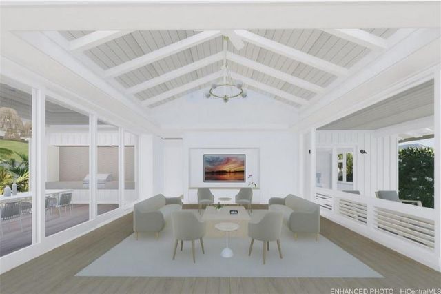 a dining room with wooden floor and a floor to ceiling window