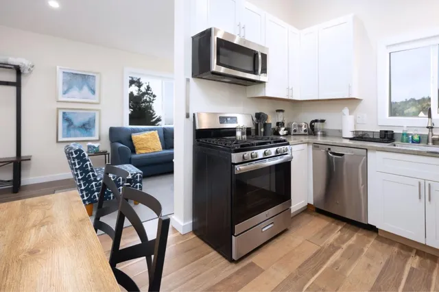 a kitchen with stainless steel appliances a stove a sink and a microwave