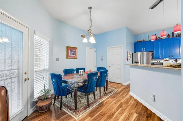 a view of a dining room with furniture and wooden floor