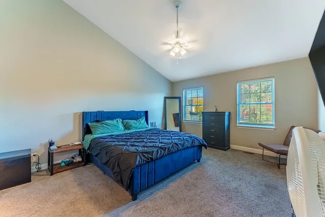 a bedroom with a large bed and a chandelier