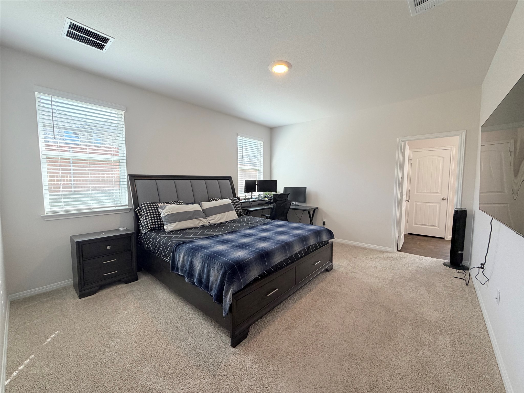 129 Saide Street Georgetown, TX 78626 - Photo 15 of 36 A spacious bedroom features neutral-toned carpet, recessed lighting, and ample natural light from dual windows.
