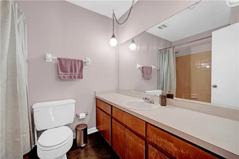 a bathroom with a sink a toilet a mirror and shower