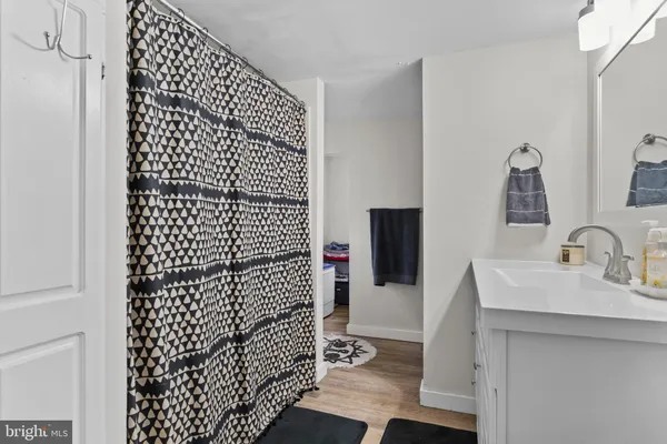 a bathroom with a sink and a shower