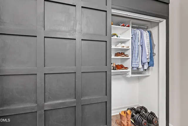 a view of walk in closet with clothes and shoes