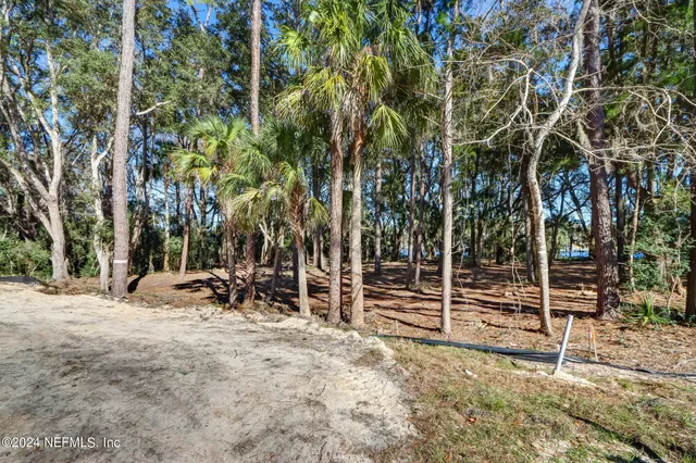 front view of a house with large trees and wooden fence