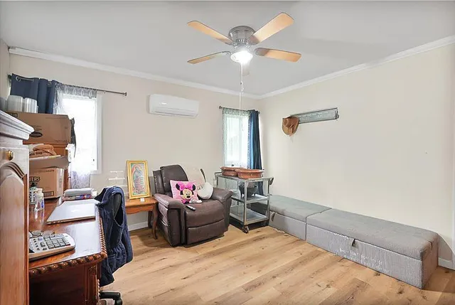 a bedroom with a bed and a table