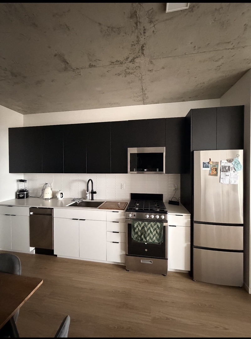 225 North Elizabeth Street, Unit 514 Chicago, IL 60607 - Photo 4 of 13 a kitchen with stainless steel appliances a refrigerator stove and white cabinets