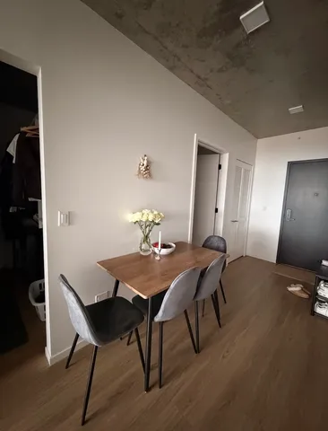 a view of a dining room with furniture