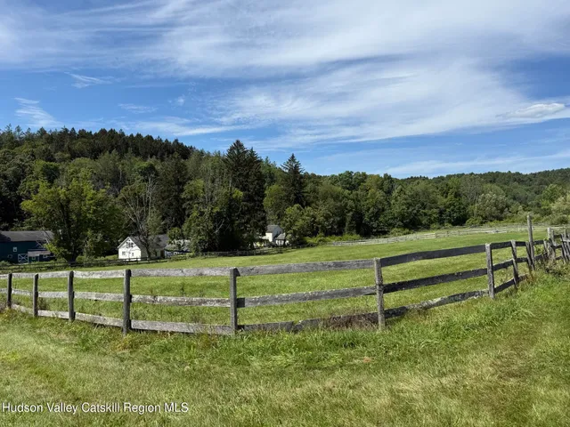 a view of a park with large trees