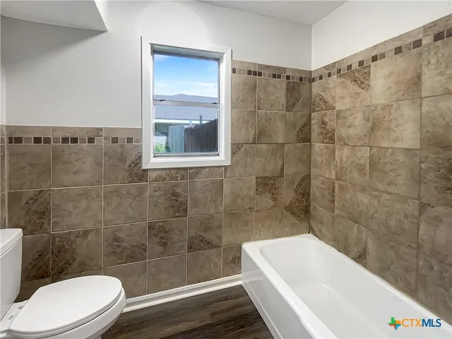 a bathroom with a toilet and bathtub