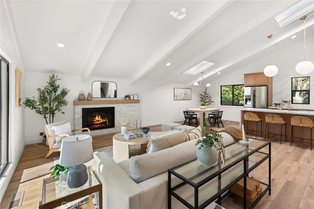 a living room with furniture a fireplace and a potted plant