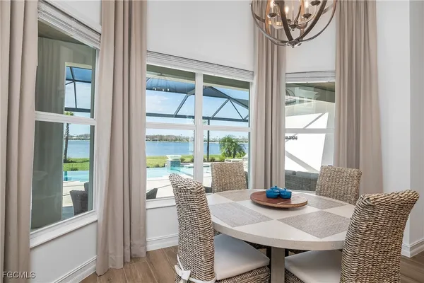 a view of a dining room with furniture window and outside view