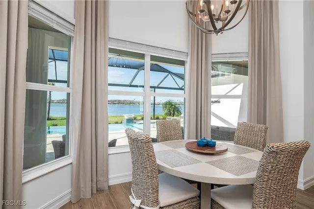 a view of a dining room with furniture window and outside view