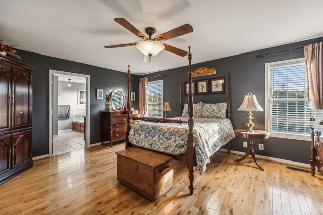 a bedroom with a bed window and a ceiling fan