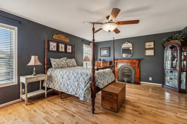 a bedroom with furniture and a ceiling fan