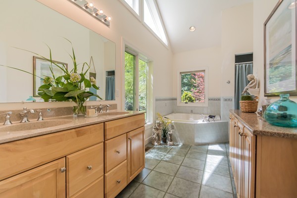 73 Ballardvale Road Andover, MA 01810 - Photo 23 of 26 a bathroom with a granite countertop sink mirror and a bathtub