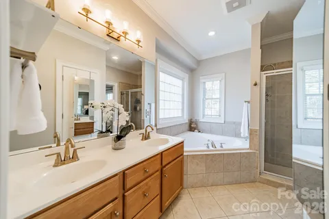 a bathroom with a sink double vanity mirror and bathtub