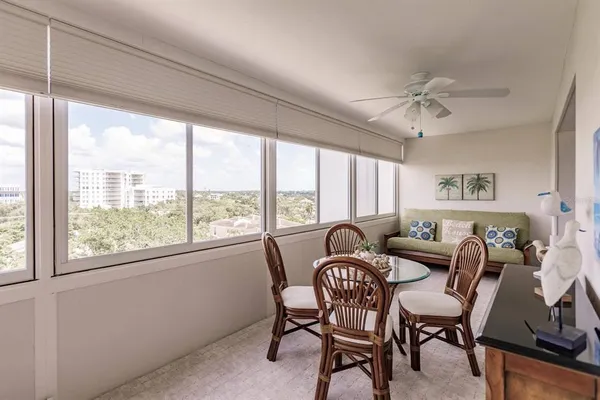 a view of a dining room with furniture window and outside view