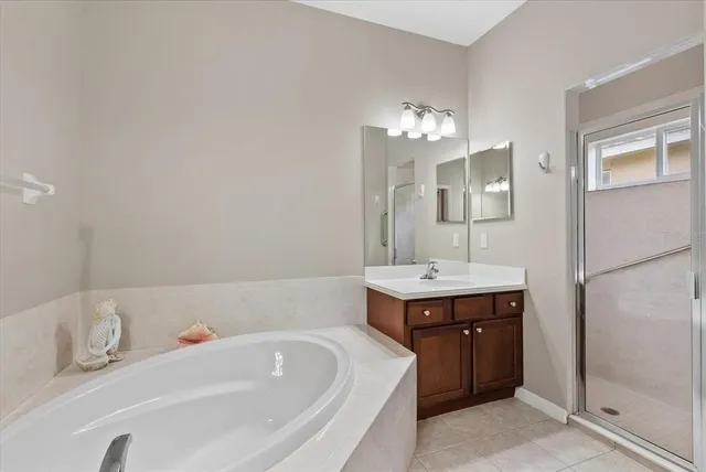 a bathroom with a tub sink and mirror
