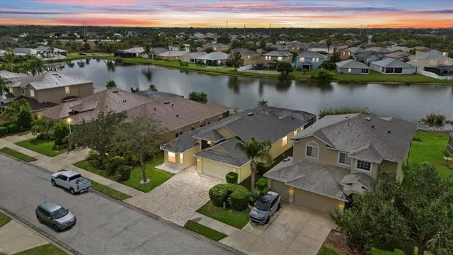 an aerial view of a house with a garden