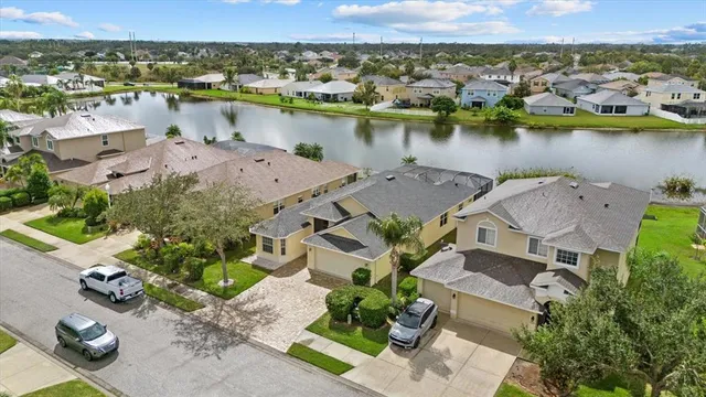an aerial view of a house with a garden