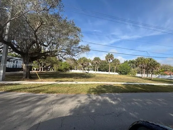 a view of a yard with large trees