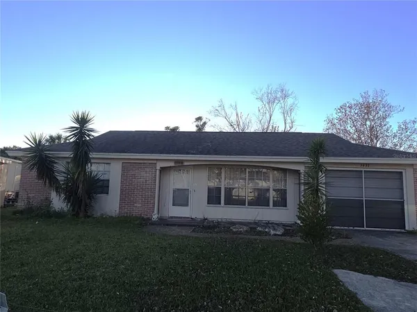 a view of a yard in front of a house with a large tree