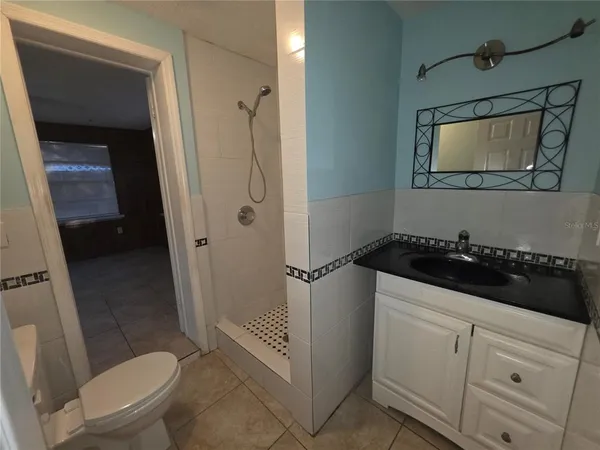a bathroom with a sink a toilet a mirror and shower