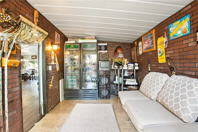 a balcony with furniture and a table