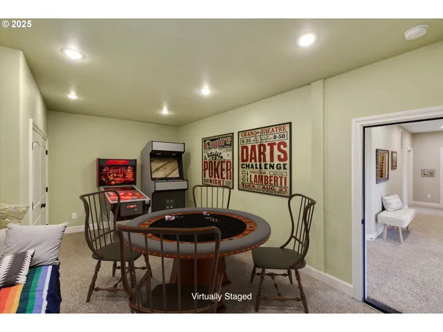 a view of a dining room with furniture