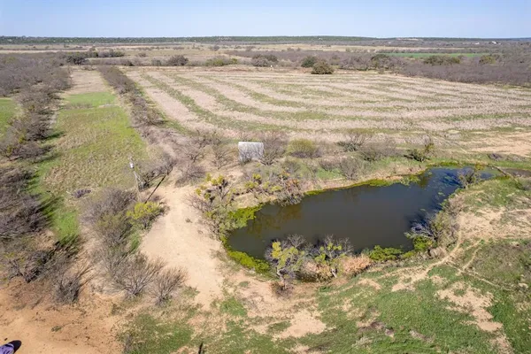 a view of a dry field with trees in background