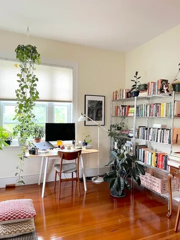 a workspace with furniture and a potted plant