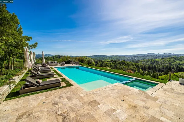 a view of a patio with couches table and chairs and potted plants