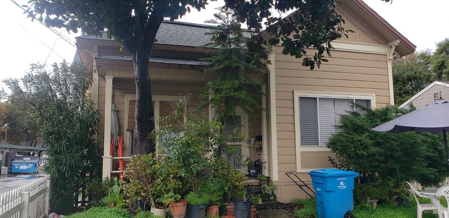 a view of a house with potted plants and a fountain