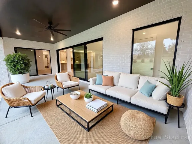 a living room with furniture and a table
