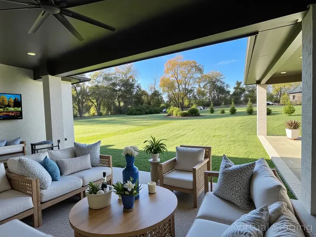 a view of a water fountain and a big yard