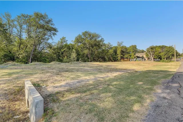 a view of a field with trees in the background