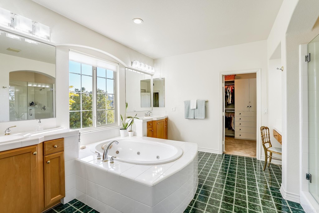 8046 Calle Pinon Carlsbad, CA 92009 - Photo 28 of 51 a bathroom with a tub a sink and a large mirror