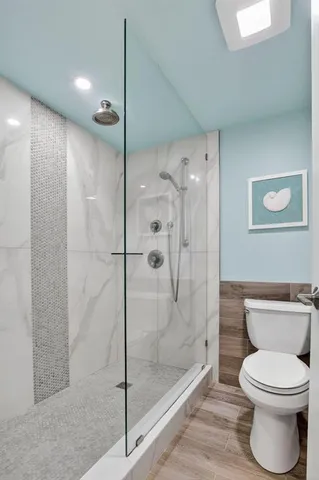 a bathroom with a toilet and a shower