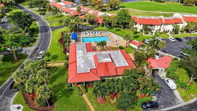 an aerial view of an and swimming pool
